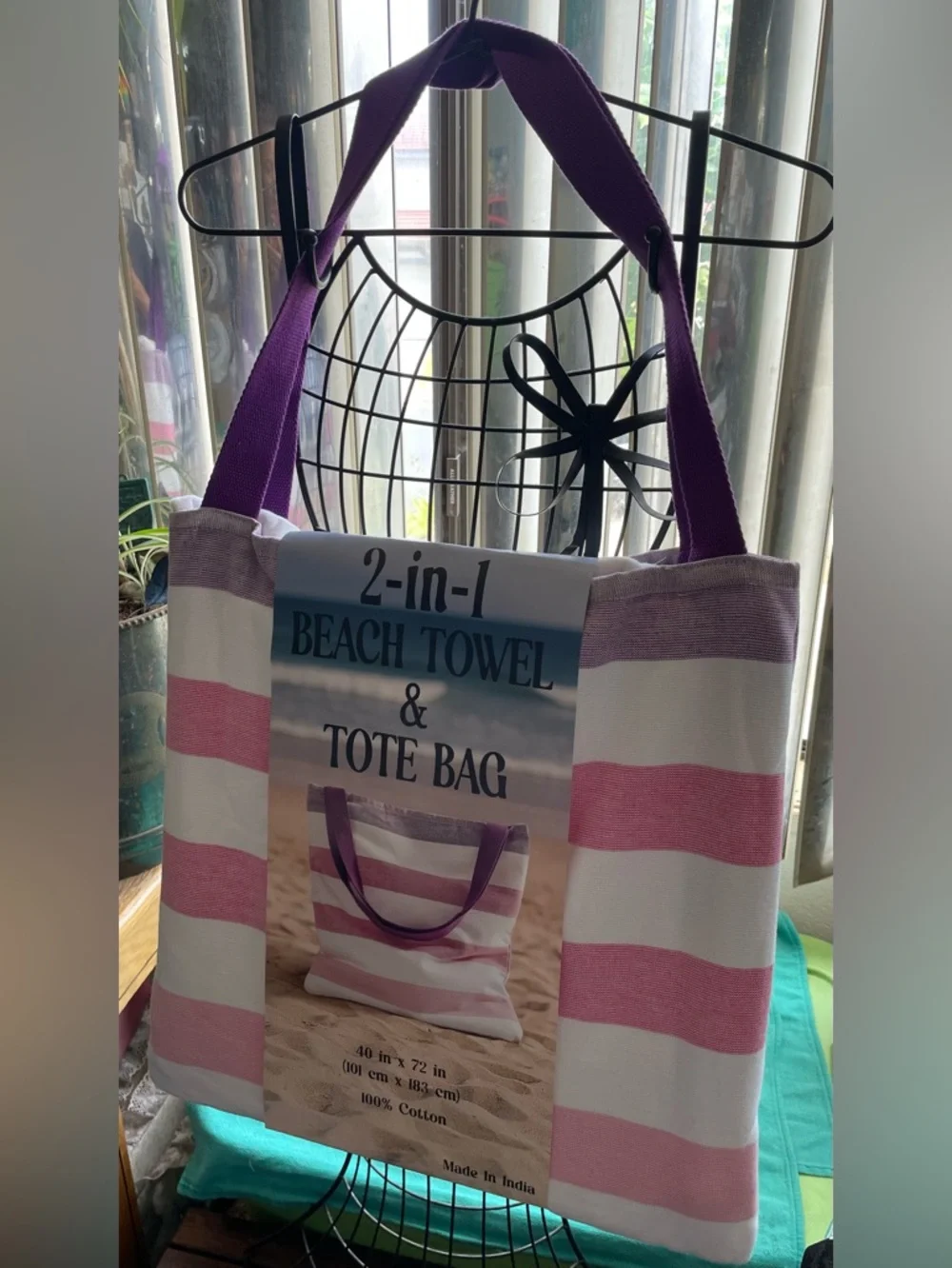 2-in-1 Beach Towel & Tote Bag - Striped Green and Pink Options